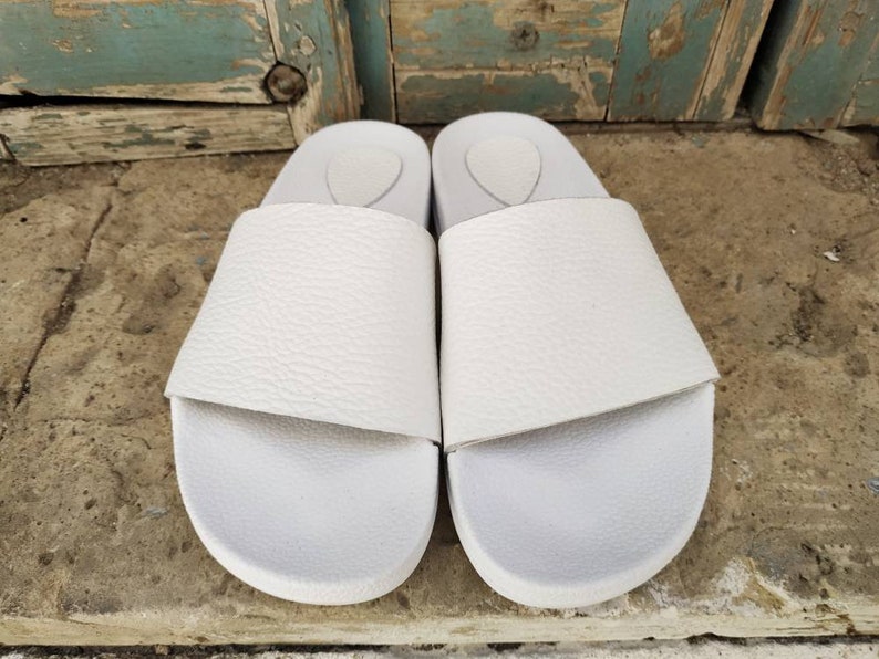 white summer shoes White leather beach sliders white platform greek sandals women