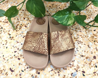 Handmade gold leather beach slides, greek beige womens sandals, summer slippers gift to her