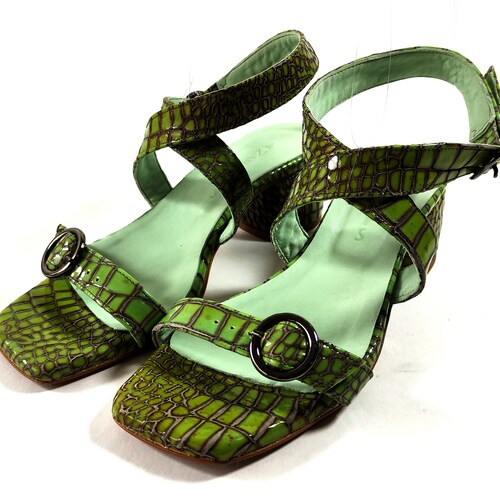 Square toe pistachio shops green leather adjustable heeled womens sandals, strappy chunky block heel sandals, limited edition shoes