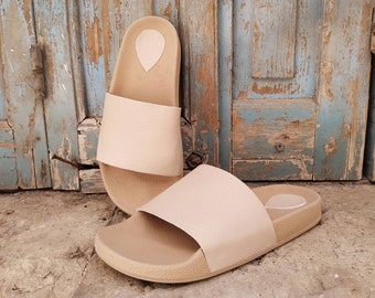 Handmade Beige Leather Anatomical Slides /Summer Shoes /Beach Shoes /Beach Sandals /Beige Sandals /Slip On Sandals /Greek Sandals /Anesis