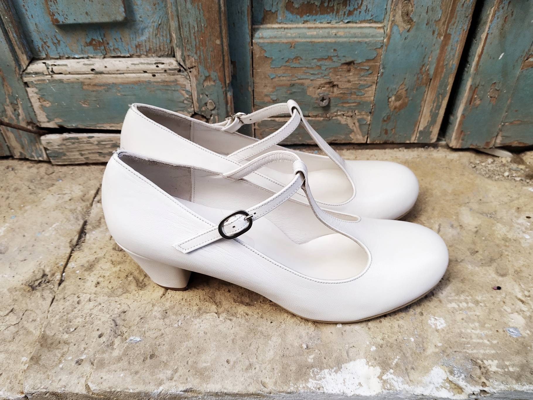 Handmade White Leather T Strap Mary 