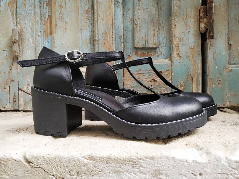 Handmade Black Leather T Strap Shoes Chunky Platform Heel Etsy