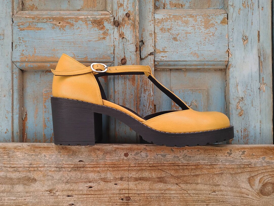 Yellow Leather T Strap Platform Heel Shoes Closed Toe Womens Etsy