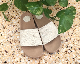 Cute beach women sandals, summer boho wedding bridesmaid slippers, leather womens slides