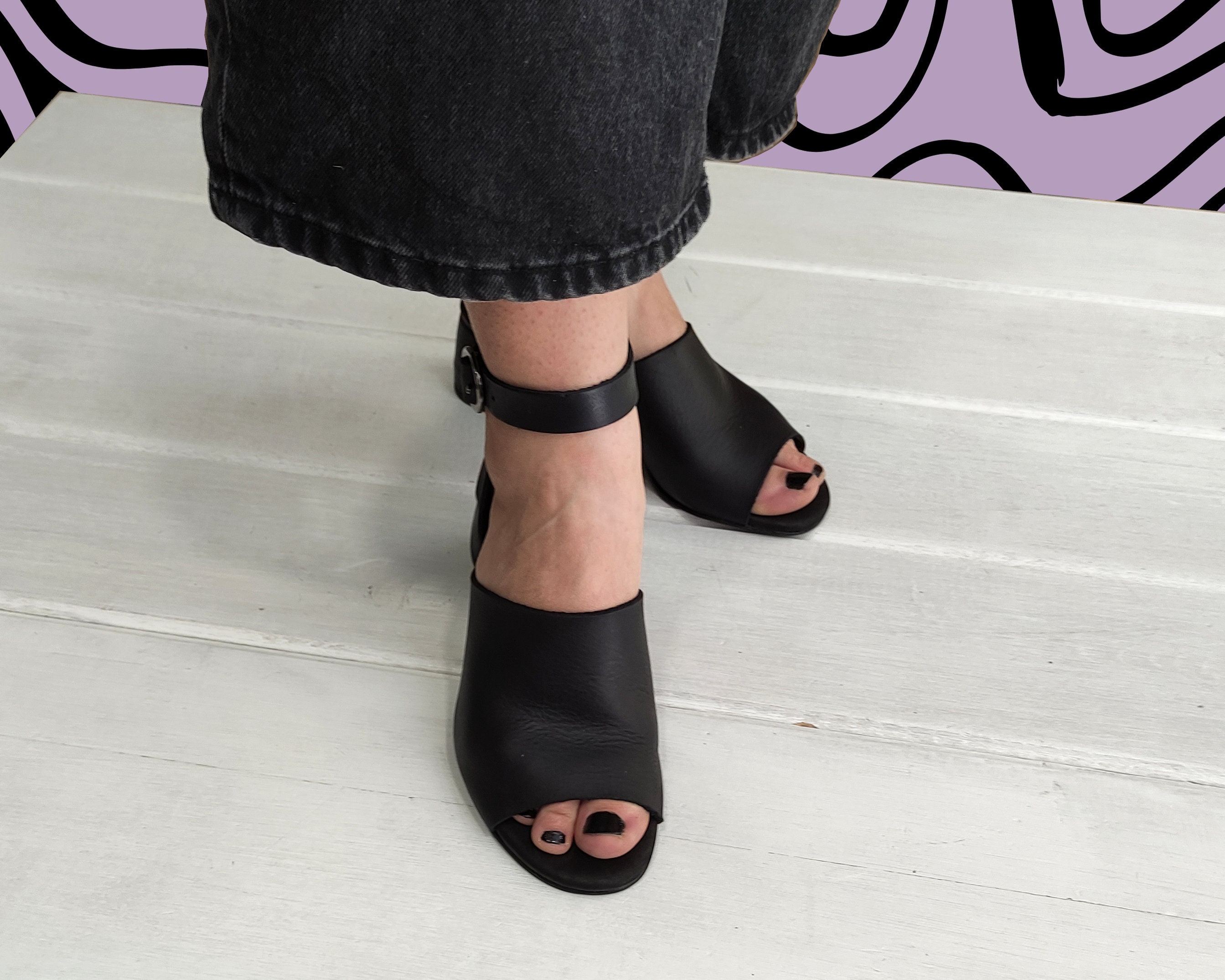 Black Leather Womens Sandals With Heel Mules Heels for Women - Etsy