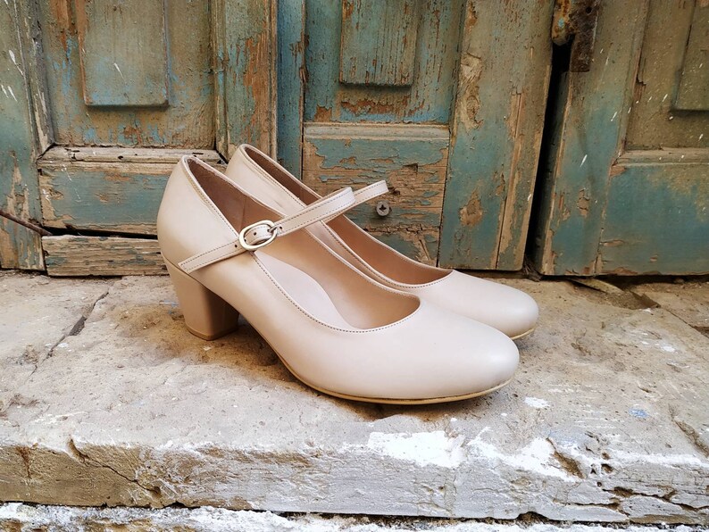 Handmade Beige Leather Mary Jane's Pumps Medium Heel Etsy