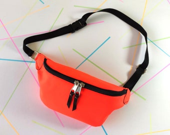 Neon red leather festival belt fanny pack, small crossbody moon bag, rave accessories outfit