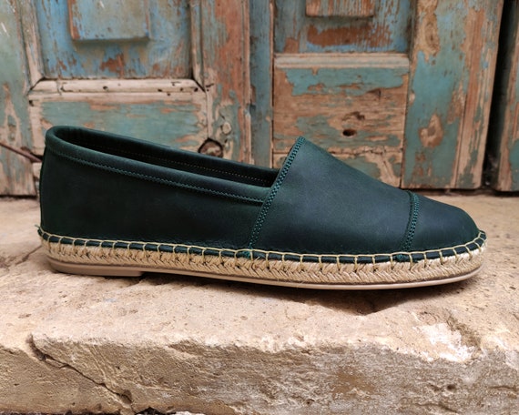 Emerald Green Leather Espadrilles Sandals Flat Slip on Women 