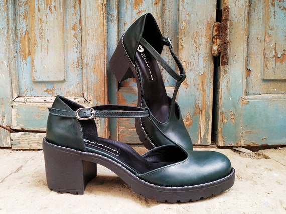 Handmade Emerald Green Leather T Strap Shoes Platform Heel - Etsy