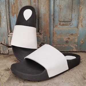 white summer shoes White leather beach sliders white platform greek sandals women