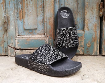 Black boho polka dots leather fashion slides, womens platform black sandals, beach summer slippers gift fot her