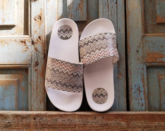 Colorful leather summer shoes, white platform flat slip on sandals, anatomical boho greek sliders