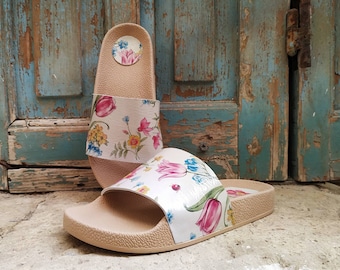 Floral leather beach sandals, greek beige summer slides, womens colorful mules shoes