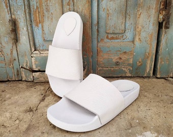 White leather beach sliders, white platform greek sandals, women summer slides