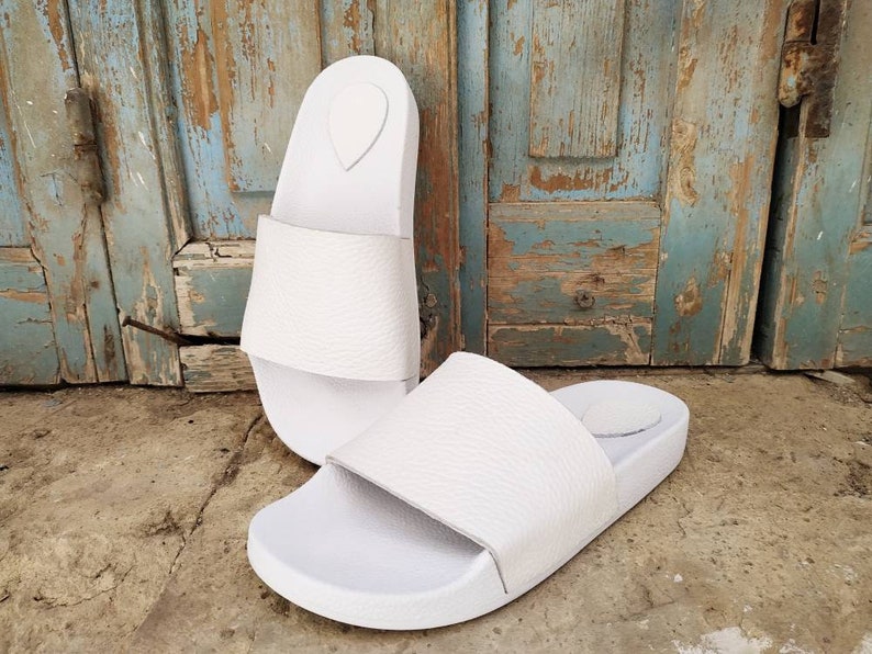white summer shoes White leather beach sliders white platform greek sandals women