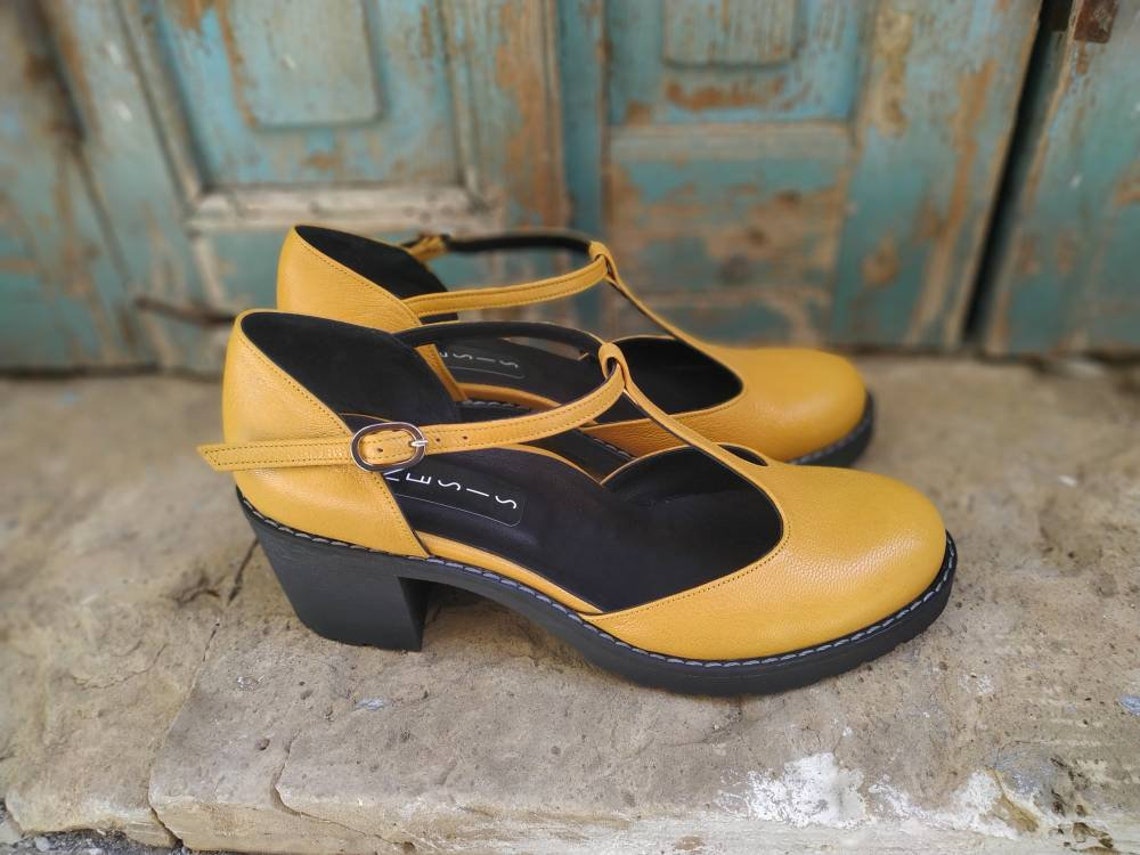 Yellow leather T Strap platform heel shoes closed toe womens Etsy