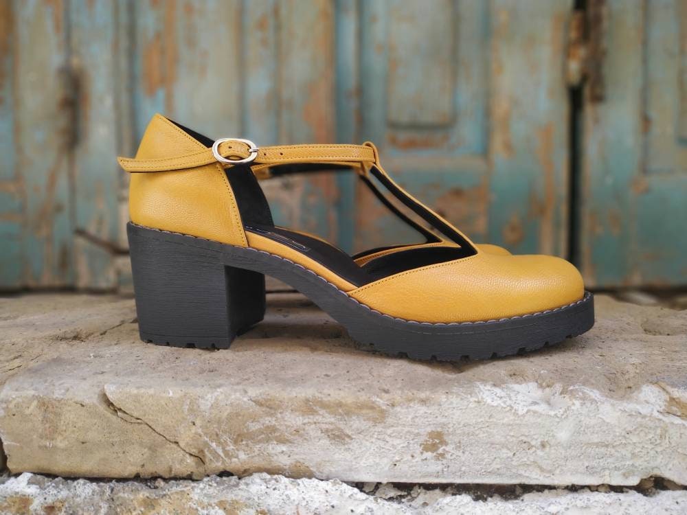 Schoenen damesschoenen Mary Janes gesloten teen womens sandalen Geel lederen T Strap platform hiel schoenen lente zomer mary janes 