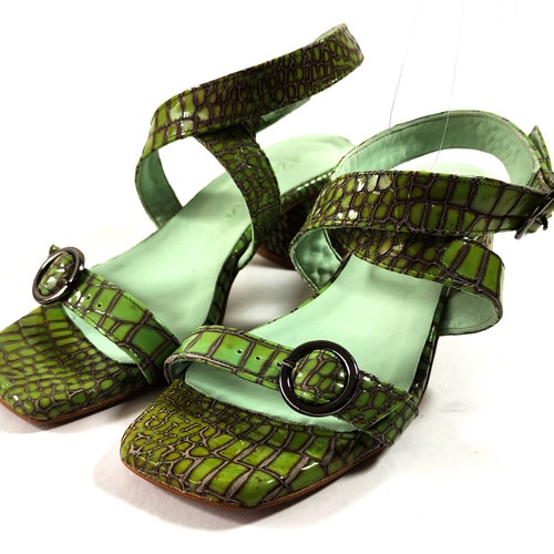 Square toe pistachio shops green leather adjustable heeled womens sandals, strappy chunky block heel sandals, limited edition shoes