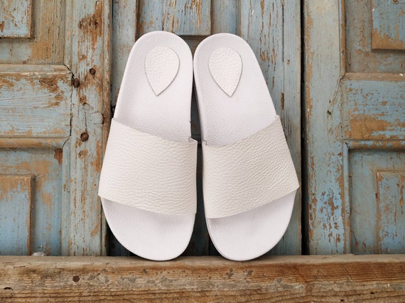 white summer shoes White leather beach sliders white platform greek sandals women
