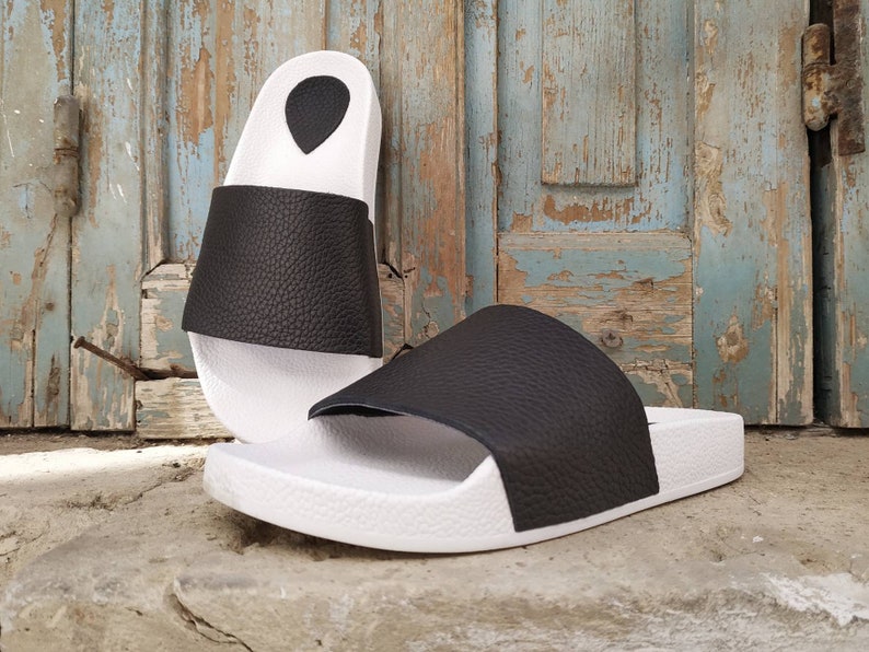 white summer shoes White leather beach sliders white platform greek sandals women