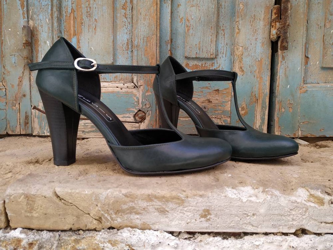 Custom Green Leather T Strap Shoes Women High Heels Mary Etsy