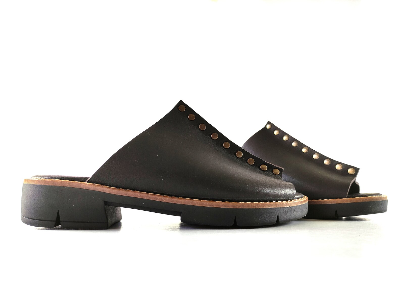 Black leather womens chunky mules shoes open toe flat Etsy