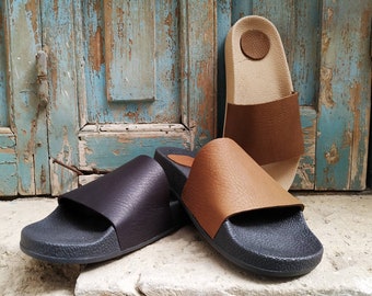 Handmade Leather Anatomical Slides, Summer Shoes, Beach Shoes, Beach Sandals, Black slider, Brown slider, Greek Sandals, Anesis Shoes
