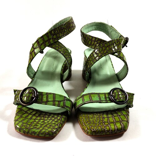 Square toe pistachio shops green leather adjustable heeled womens sandals, strappy chunky block heel sandals, limited edition shoes