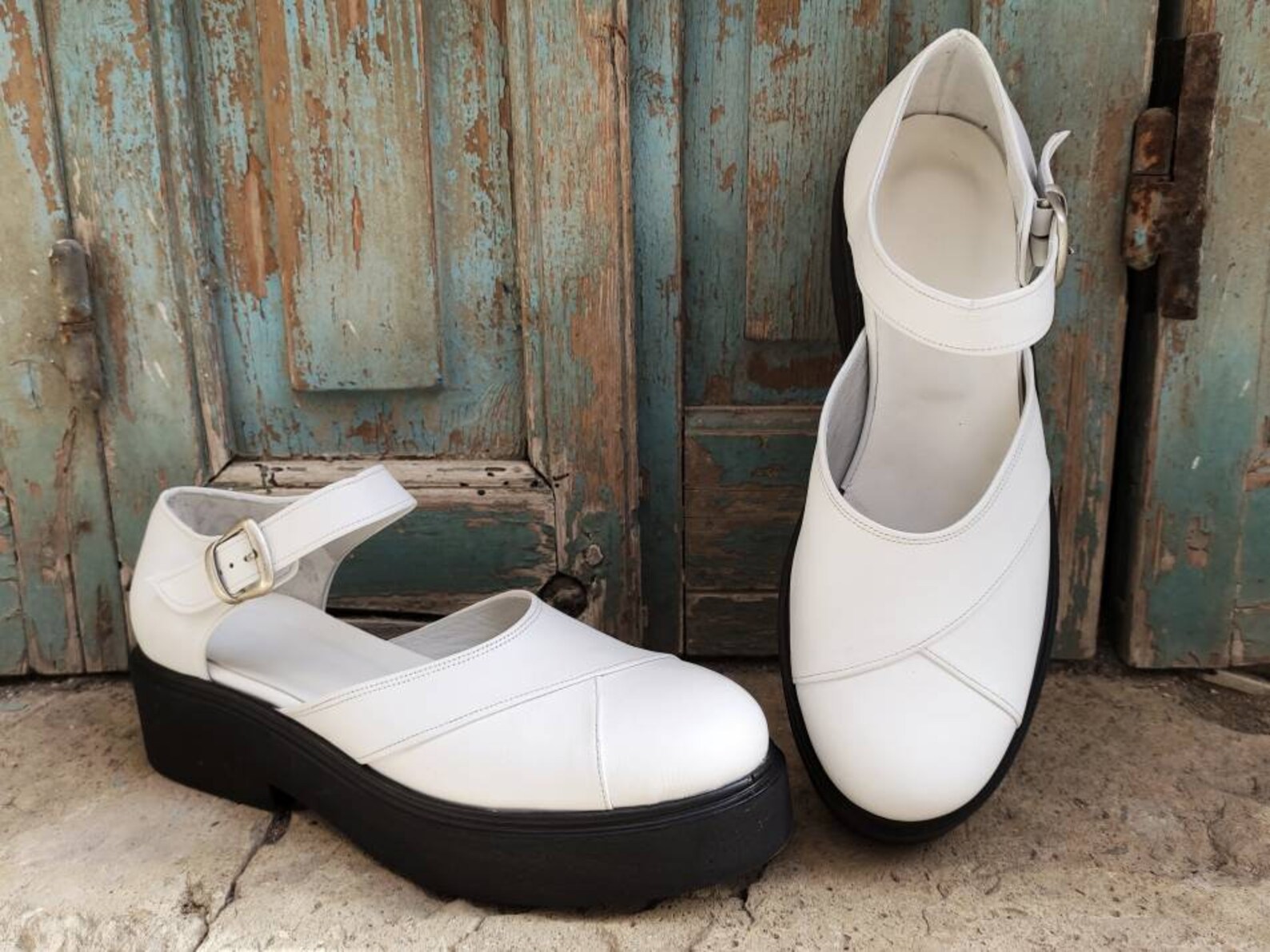 White Leather Chunky Platform Mary Janes Shoes Platform | Etsy UK