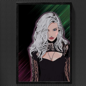 Puede incluir: Una impresión artística enmarcada que presenta una ilustración estilizada de una mujer con cabello plateado, vestida con un vestido negro con mangas de encaje. El fondo tiene líneas diagonales rosas y verdes. La obra de arte se exhibe en una pared gris oscura.