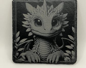 Laser Engraved Baby Dragon Slate Coasters | Fantasy Decor