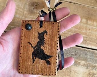 Witch Car Air Freshener | My Other Ride is a Broom | Alter Wall Hanging Decor | Black | Pagan | Wicca | Natural Wood | Reusable | Eco