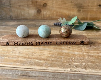 Wood Crystal Holder Stand | Making Magic Happen | Holds Small Sphere Crystals | Hand Decorated | Meditation | Alter | Wicca | Witch