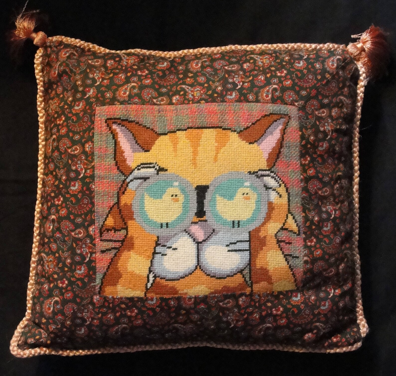 Fun Cat Design Handmade Needlepoint Pillow With Orange Trim Etsy