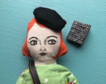 Red haired miniature doll, fabric red haired doll, handmade doll with accessories, book reading doll, art doll, OOAK, retro doll, note book.