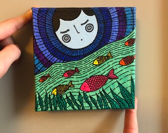 Colourful fish painting, ocean at night painting, moon, Luna, nature painting, seaside, tropical fish painting, sleeping moon, planet earth.