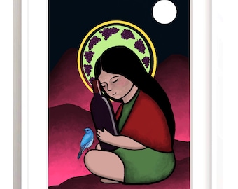 Wine art print, Desert print, Desert art, woman with bird, vineyard art, wine art, Spiritual art, indigenous woman print, bird
