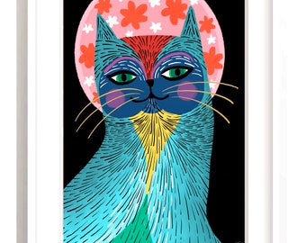 Cat artwork, Cat print, Cat gifts, Mexican cat, Mexican print, Mexican art, Virgen de Guadalupe, colourful cat art, pet portrait.