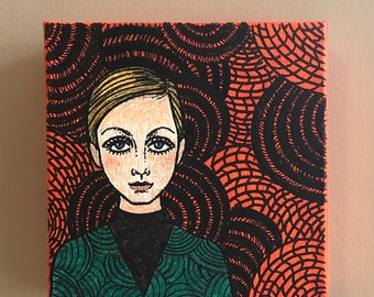 Twiggy acrylic painting, twiggy art, twiggy, twiggy illustration, sixties, 60s fashion, retro art, London fashion, female icon, original.