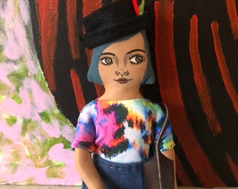 Fabric doll with cool hat, Cloth doll, Festival outfit, , Music festival doll, rock doll, blue hair doll, Glastonbury doll.