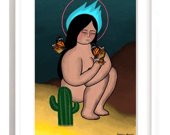 Desert night, Desert print, Desert art, woman with butterflies, woman with butterflies art, butterfly wall art, desert cactus.