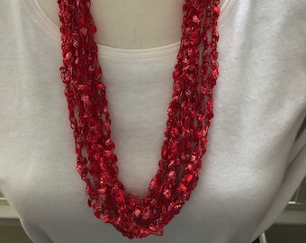 Crochet Adjustable Ladder Yarn Multi-Strand Red Necklace with Ceramic Bead