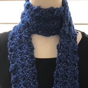 Crochet Skinny Scarf: Royal Blue Sparkle, Extra Long Lacy Scarf