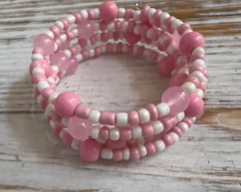 Coil/Wrap Memory Wire Beaded Bracelet, One of a kind,  Flexible, Pink and White beads