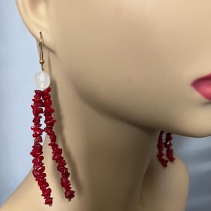 Boho Beaded Statement Earrings, Long Dangle, Drop, One of a kind, Red, White