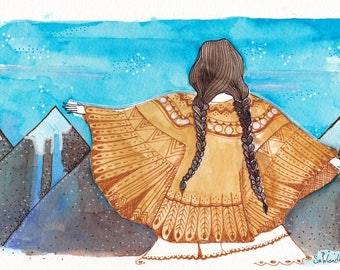 original watercolor/ woman and mountain/ ocher blue/