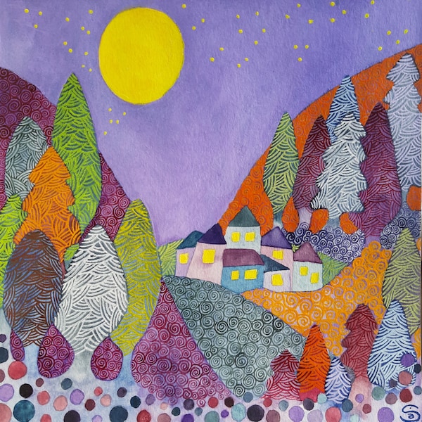 Village nocturne, paysage montagne la nuit, aquarelle originale unique, carrée à offrir à encadrer, art contemporain figuratif naïf coloré
