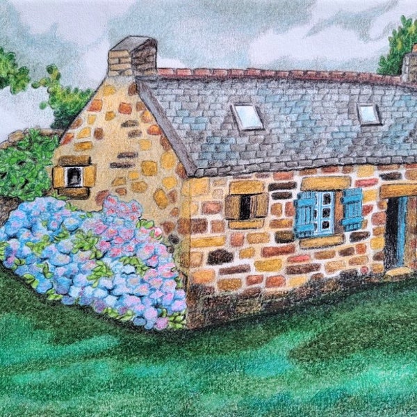 Maison bretonne, dessin aux crayons, création originale, pièce unique, à encadrer, paysage breton, hortensias