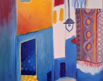 Ruelle bleue, paysage du Maghreb, huile sur toile, création originale, fait main