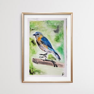 Acquerello Bluebird / Originale (NON una stampa) / Arte murale / Uccello / Minimalista / Fauna selvatica